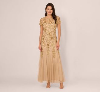Adrianna Papell Hand Beaded Short Sleeve Floral Godet Gown In Champagne Gold