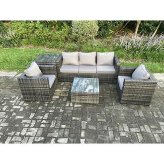 Fimous Fimous Outdoor Lounge Sofa Set Wicker PE Rattan Garden Furniture Set with 2 Armchairs Side Table Square Coffee Table Dark Grey Mixed
