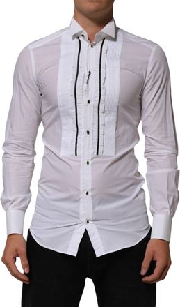 Dolce & Gabbana Mens White Cotton Collared Long Sleeve Gold Dress Shirt