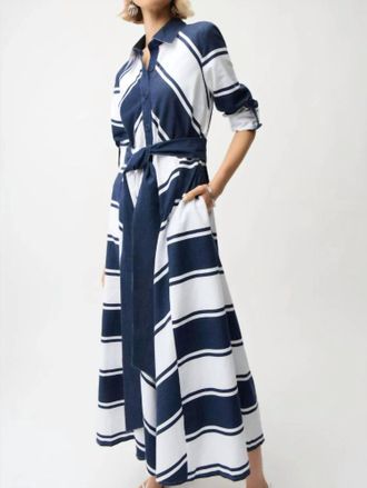 Joseph Ribkoff Cotton Stripe Fit And Flare Shirt Dress In Navy/white