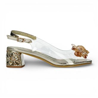 Laura Vita Womens Mily-22 Clear Golden Slip-On Cinderella Heel Sandals