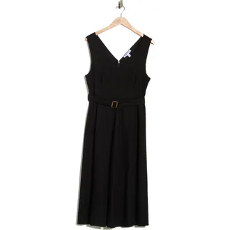 Ellen Tracy V-Neck Sleeveless Belted Midi Dress in Black at Nordstrom Rack, Size X-Large