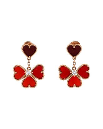 Van Cleef & Arpels 18K Rose Gold Sweet Alhambra Effeuillage Heart Earrings With Carnelian And Diamonds (Authentic Pre-Loved)
