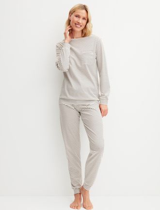 CALIDA Schlafanzug CALIDA Sweet Dreams, Damen, Gr. XL (52/54), charm cream, Interlock, Obermaterial: 100% Baumwolle, bequem lang, Rundhals, angesetztes B&uuml;ndc