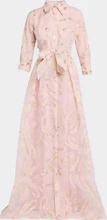 Teri Jon Metallic Organza Jacquard Shirt Gown