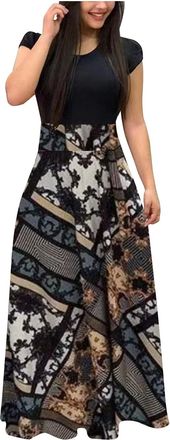 Generic Summer Dresses for Women Maxi Boho Dresses Vintage Floral Print Cocktail Dress Short Sleeve Casual Sunflower Print Bohemian Long O Neck High Waist A-L