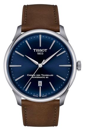 Tissot Chemin des Tourelles Powermatic 80 Leather Strap Watch, 42mm in Brown at Nordstrom