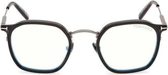 Tom Ford 50mm Round Blue Light Blocking Glasses in Gunmetal Havana /T Logo at Nordstrom
