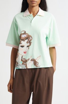 Ashley Williams Lady Print Oversize Cotton Polo in Mint at Nordstrom, Size X-Small