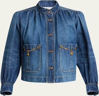 Chlo&eacute; Horse-Pendant Gathered Denim Jacket