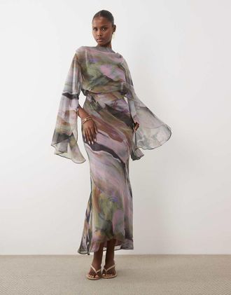 Asos Vestito al polpaccio drappeggiato con stampa astratta effetto marmo, maniche a kimono e dettaglio a mantella-Multicolore