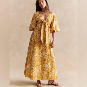 Sezane Robe Longue Neomie Alcazar Ocre Dress In Yellow Floral