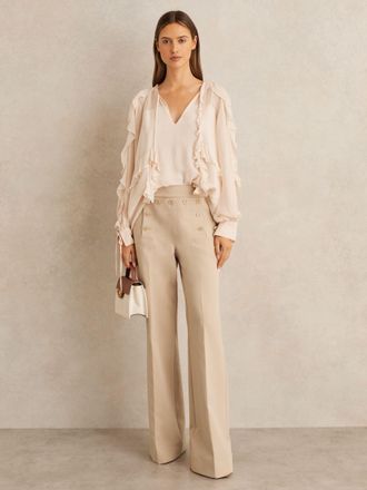 Reiss Neutral Petite Button-detail Wide-leg Trousers, 12