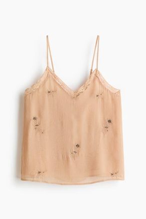 H&M Embroidered Strappy Top in Beige at Nordstrom, Size X-Small