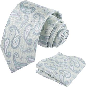 Alizeal Mens Paisley Jacquard Necktie and Hanky Set for Party Wedding Retro Tie and Pocket Square Set, Light Green