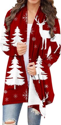 Generic Red Long Cardigans for Women UK Plus Size Christmas Xmas Patterned Festival Tops Ladies Long Sleeve Open Front Cardigan Tops Snowflake Reindeer Santa 