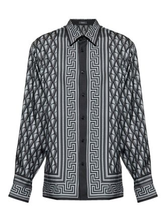 Versace Blue Geometric Greek Key Silk Shirt