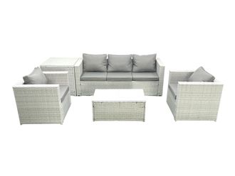 Fimous Rattan Garden Furniture Set with 3 Seater Sofa 2 Chair Rectangular Coffee Table Side Table Light Grey Mixed 5 Seater