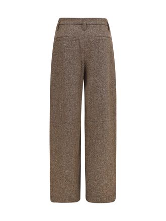 Brunello Cucinelli Womens Virgin Wool Palazzo Pants With Monili Detail Moro Trousers