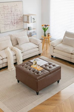 Living and Home Square PU Leather Upholstered Storage Ottoman with Lift-Top in Brown