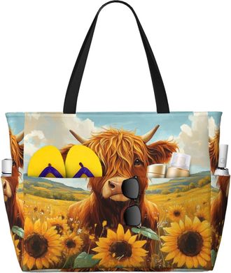 Generic Highland Cow Print Large Beach Bag Foldable Travel Shoulder Tote Bag With Pocket For Weekender Pool Vacation