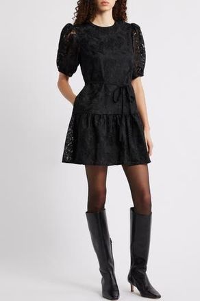 Caslon Lace Puff Sleeve Tiered Minidress in Black at Nordstrom Rack, Size Medium