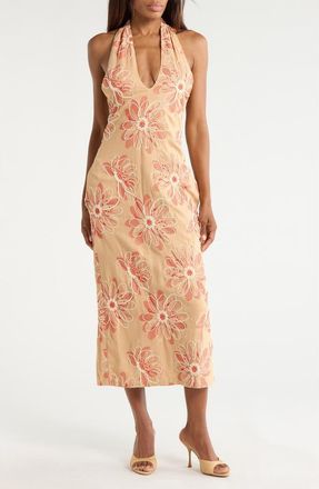 Ramy Brook Aiden Floral Embroidered Halter Neck Midi Dress in Natural Fleur at Nordstrom Rack, Size 00