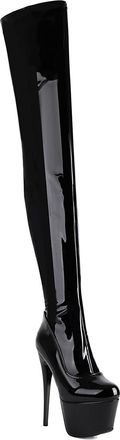 Generic Womens Patent Leather Over The Knee Boots Round Toe Platform Long Boots Stiletto High Heel Evening Party Prom Shoes,Black1,4.5 UK