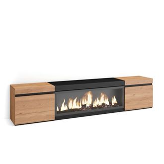 Skraut Home Mueble tv efecto madera roble y negro 208x35x45 chimenea efecto fuego