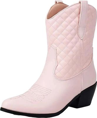 Generic Womens Retro Western Ankle Boots Pointed Toe High Chunky Heel Slip On With Embroidery Detail Fashion Footwear