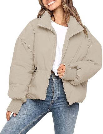 Merokeety Womens Winter Long Sleeve Zip Puffer Jacket Pockets Baggy Short Down Coats, Lightkhaki, S
