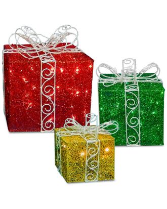 National Tree Company Gift Box Set- 9in, 12in & 15in w/ 100 Warm White LED Lights & Twinkling Lights on top of Bow