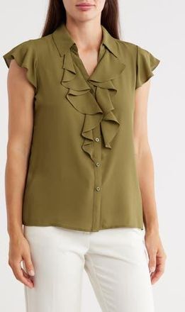 Calvin Klein Ruffle Cap Sleeve Top in Green Olive at Nordstrom Rack, Size X-Large