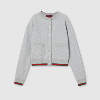 Gucci Cotton Jersey Cardigan With Web, Grey, Ready-to-wear