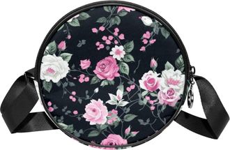 Generic Circle Crossbody Bag for Women, Art Flowers Small Sling Bag Daypack with Zipper Adjustable Shoulder Straps Casual Ladies Girls Round Purse