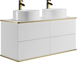 Vente-Unique Mueble de baño suspendido estriado con ribete dorado y doble lavabo redondo para colocar - Blanco - 120 cm - KELIZA