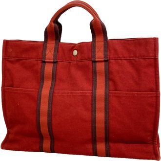 Herm&egrave;s Red Color Canvas Tote Bag (Pre-Owned)
