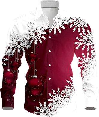 Generic Mens Christmas Shirts Funny Xmas Santa Claus Print Casual Tops Long Sleeve Button Down Shirt Holiday Party Regular Fit Tops Wine