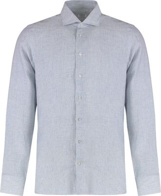 Borriello Gestreepte linnen blouse - Heren - Casual Overhemden - Blauw - 2XL - Linnen - Overhemden