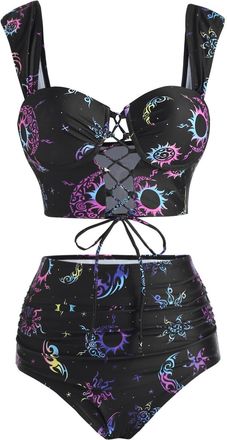 Dressfo Bikini Set for Women Two Piece Bathing Suit High Waisted Bikini Gothic Sun and Moon Tummy Control Swimsuits, Black_2, Medium