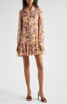 Cinq &agrave; Sept Barnes Floral Long Sleeve Mini Shirtdress in Soft Pink Multi at Nordstrom Rack, Size 4