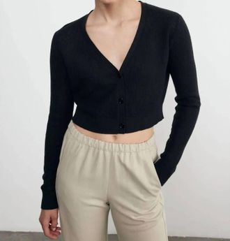 Enza Costa Open Knit Cropped V-Neck Cardigan In Black