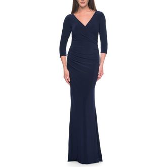La Femme Long Evening Dress with Wrap Style Neckline in Navy at Nordstrom, Size 10