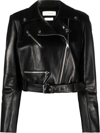Alexander McQueen cropped leather biker jacket - women - Calf Leather/Lamb Skin/Viscose - 40 - Black