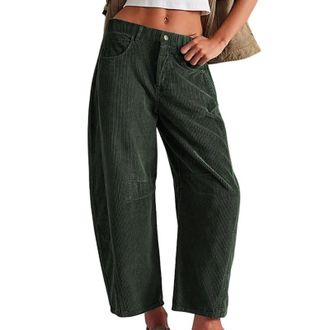 Generic Vintage Corduroy Trousers Women Button Elasticated Waist Cord Pants Winter Warm Casual Trousers with Pockets Ladies Comfy Loose Fit Straight Wide Leg 