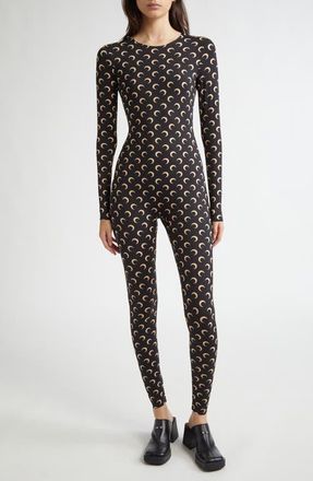 Marine Serre Moon Print Catsuit in Moon Tan On Black at Nordstrom, Size Large