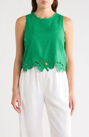 T Tahari Embroidered Hem Crop Linen Blend Tank in Jungle Palm at Nordstrom Rack, Size X-Large