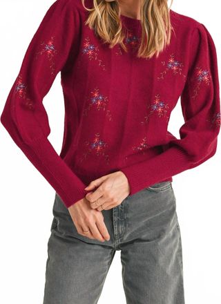 Merci Floral Embroidery Sweater In Berry Burgundy