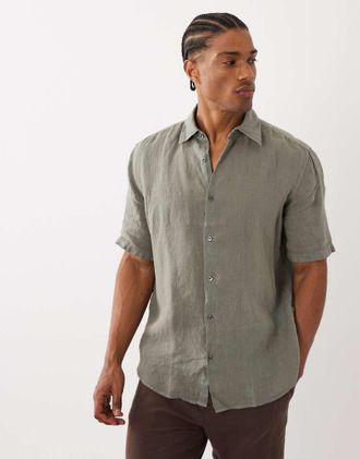 Boss Orange by Hugo Boss Hugo Boss - Camicia a maniche corte vestibilit&agrave; classica in lino grigia con bottoni-Grigio