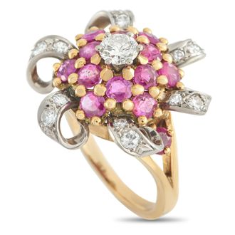 Luxury Bazaar 18K Yellow Gold 0.80ct Diamond and Ruby Flower Ring MF03-043026